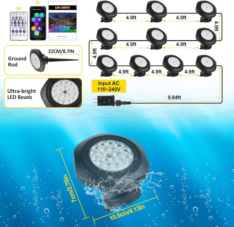 T-SUN Submersible RGB LED Pond Lights – IP68 Waterproof Fountain Lights with Bluetooth App & Remote, 16 Million Colors Underwater Lighting for Koi Ponds/Garden Water Features Aquarium (10-Pack) - Image 2